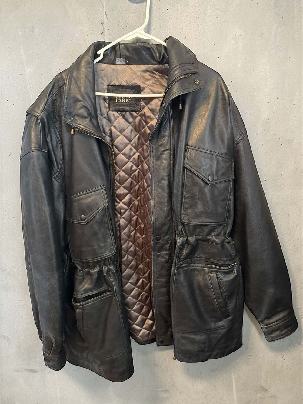 Vintage Irvine Park Black Leather Field Jacket Size 2XL Quilted Lining